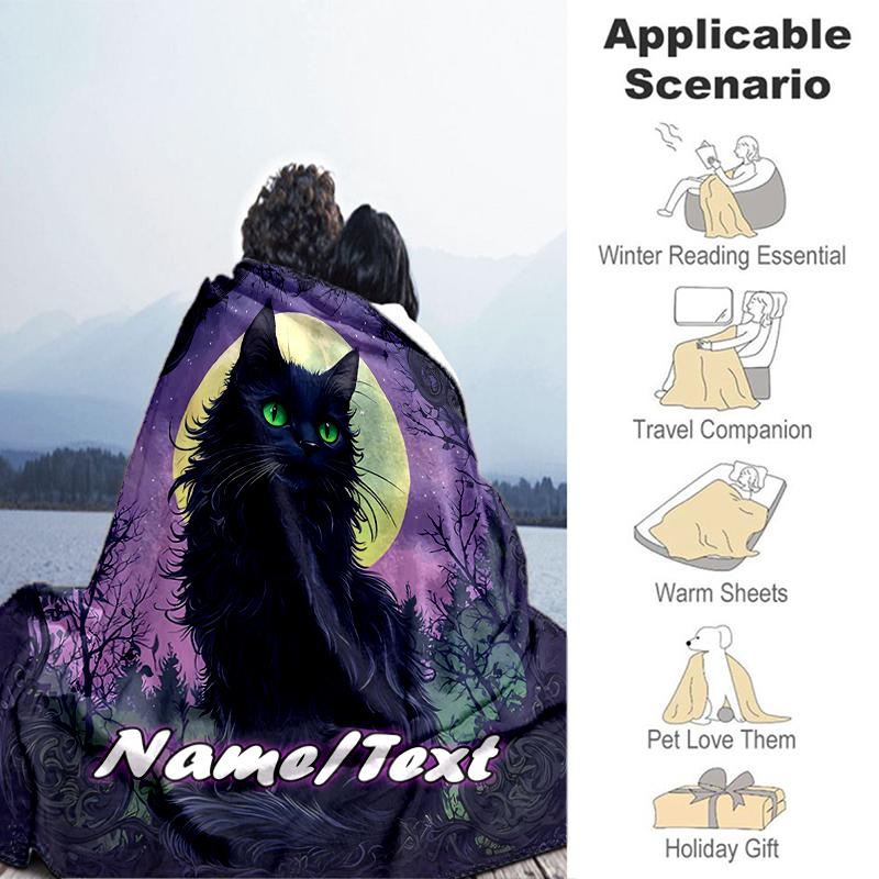 1PC Custom Name Black Cat Moon Night outdooor Flannel blankets Throw Blanket All-Season Throw Gift Bedspread for Couch, Bed, Camping Holiday Birthday 