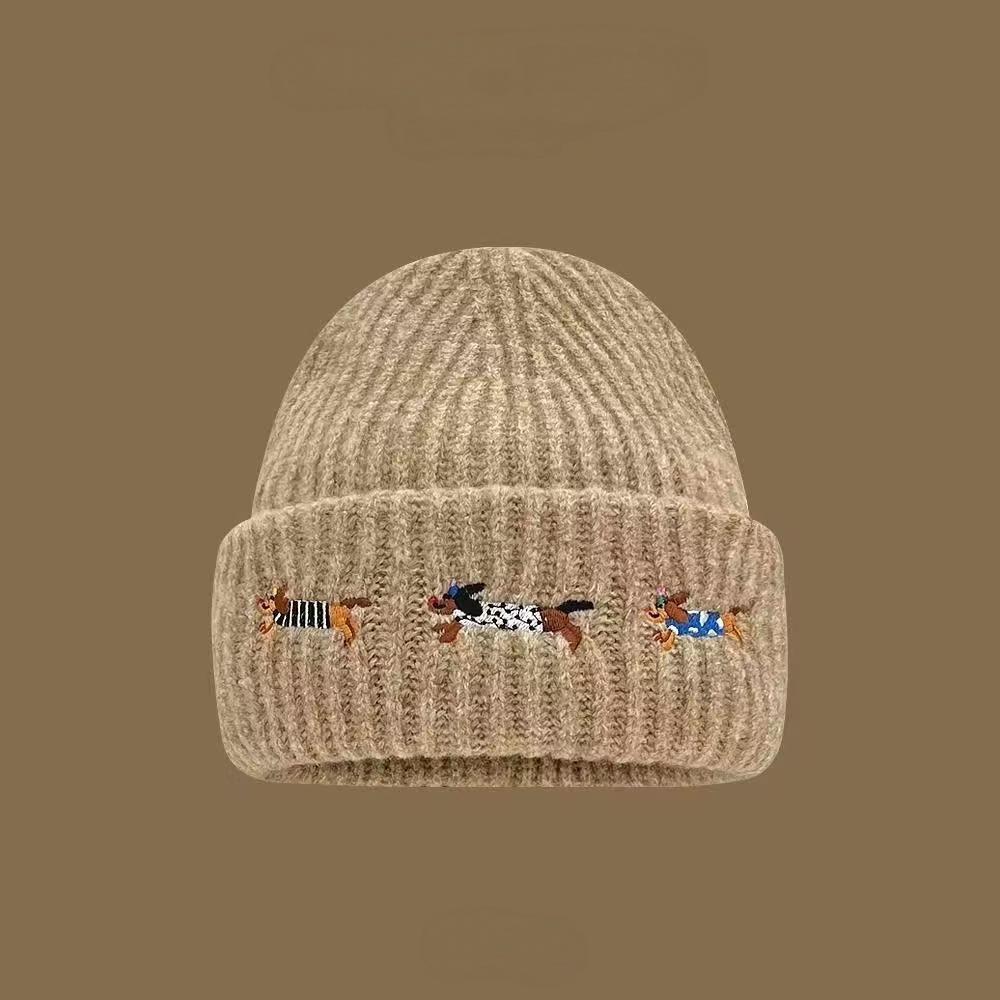 Embroidered wool cover hat couple warm dachshund knitted student winter versatile woman