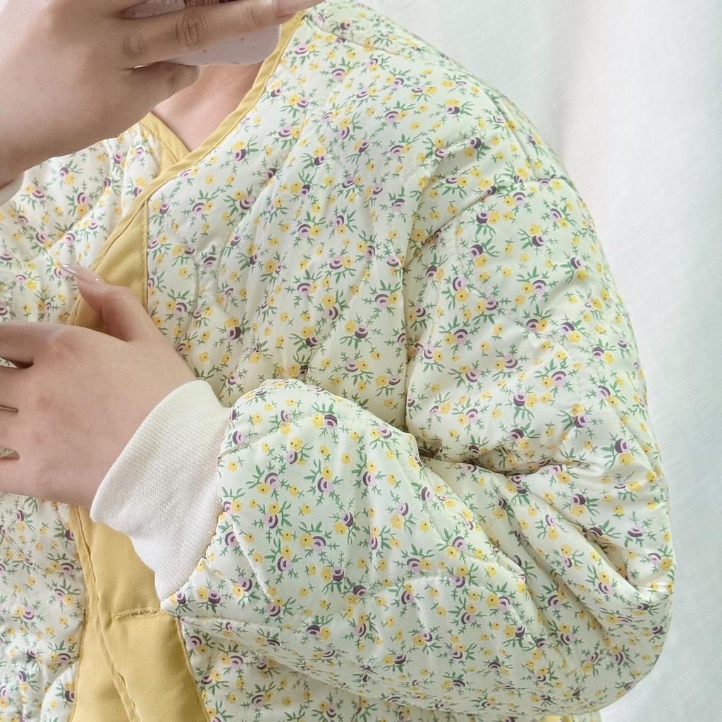 Women's Winter Lightweight Cotton Padded Jacket Light Yellow Korean Style Quilted Outerwear Northeast Floral Cotton Padded Coat