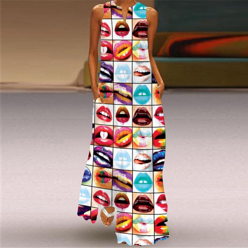 2024 Retro Multicolor V-Neck Sleeveless Long Dress