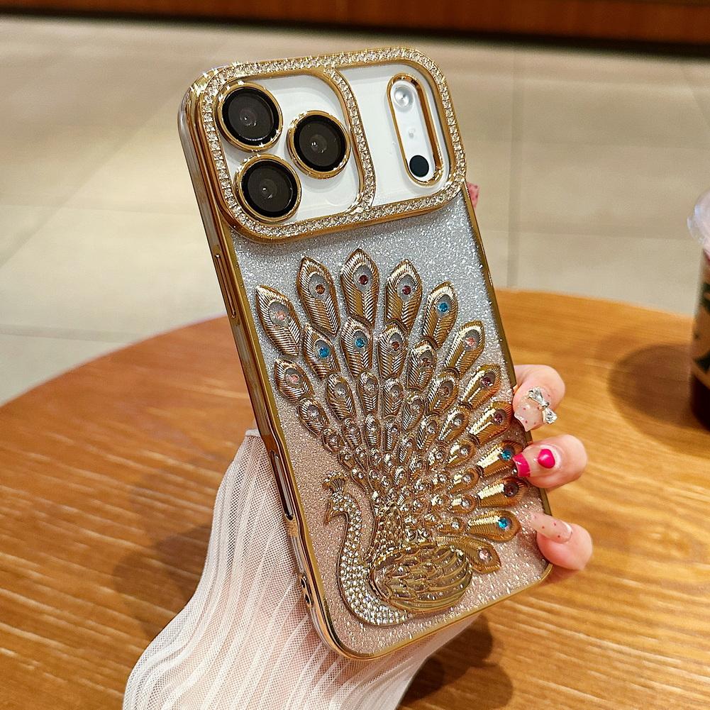 Peacock Plated Frame Glitter Stickers Rhinestone Lens Ring Case for iPhone 17 Pro Max Air 17 Pro 16 Pro 15 14 13 Protect Cover