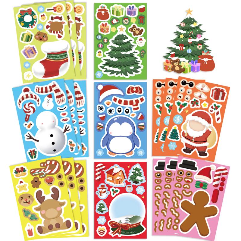 8pcs Cute Christmas Puzzle Stickers Make a Face Kids DIY Toys Assemble Sticker Games Xmas Party Favors 2025 New Year Gift