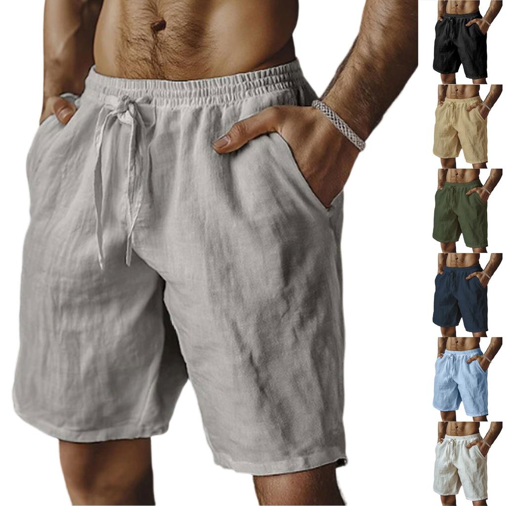 Men's Cotton Linen Shorts Elastic Waist Casual Solid Color Lace-up Running Fitness Sports Beach Fifth Pants