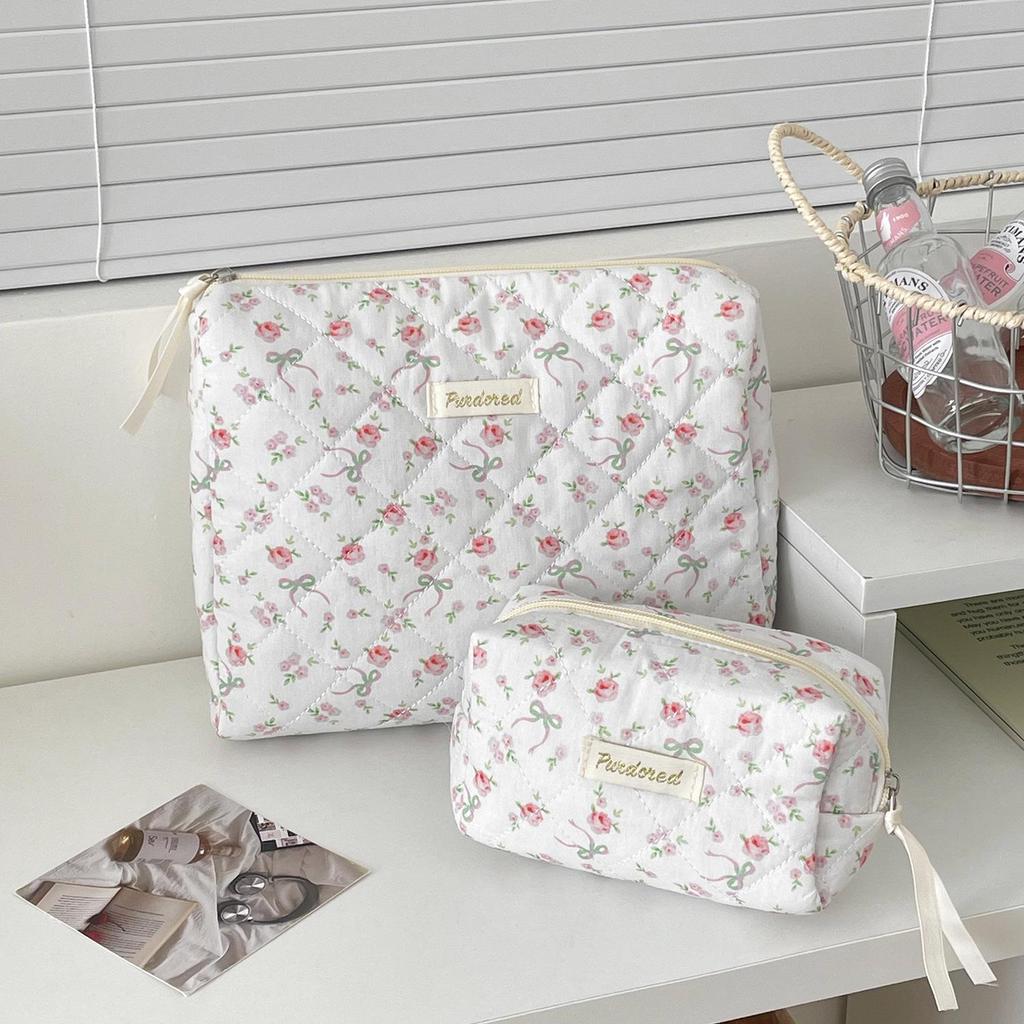 Rose Bow Floral Makeup Bag - Portable, Fresh Design, Perfect for Travel and Storage