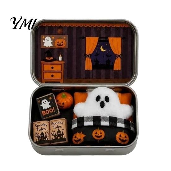 Halloween Decor Mini Ghost Tin Box Set, Little Pocket Cute in A Box, Tiered Tray Display Accessory Miniature Scene Spooky Desktop Decor, Gifts