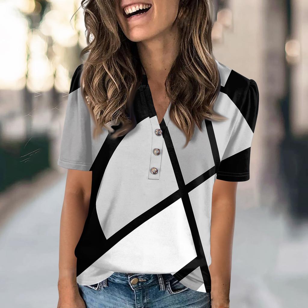 Женская модная повседневная футболка с цветными блоками и принтом в виде V-образного выреза с коротким рукавом и пуговицами