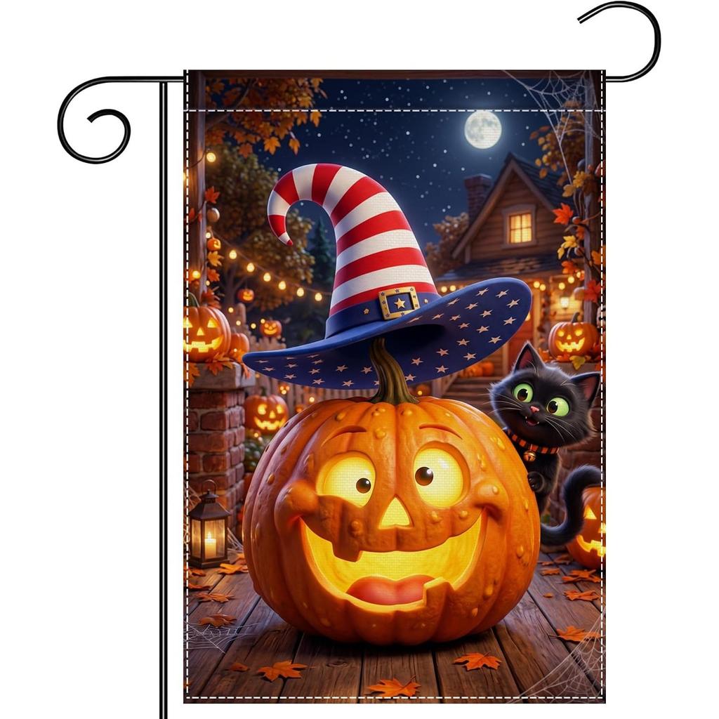 Halloween Pumpkin Black Cat Garden Flag Double-Sided Decor | Witch Hat Accent, Autumn Night Scene