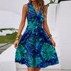Women's Spring And Summer Casual V-Neck Sleeveless Waist Floral Print Midi Dress