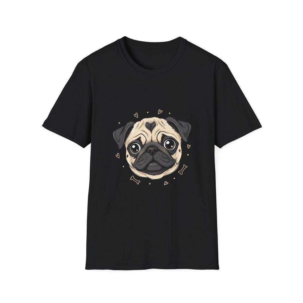 Pug Dog Cute Illustrated Black Tee Kawaii Animal Graphic T-Shirt