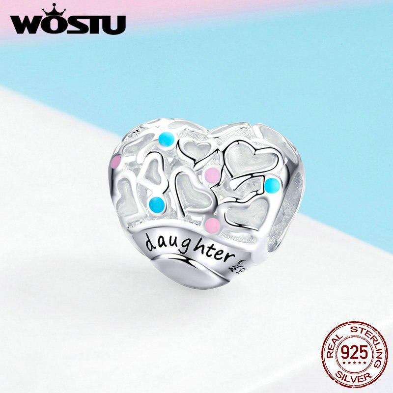 WOSTU 925 Sterling Silver Daughter's Love Beads Multi-Color Heart Charm Fit Original Bracelet