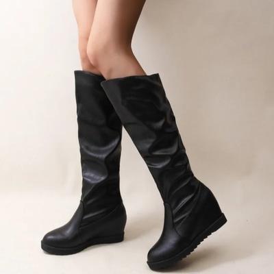 Женские кожаные сапоги из искусственной кожи, модные складные зимние сапоги без застежек, повседневные сапоги на низком каблуке, черные, длинные, узкие, женские сапоги Zapatos