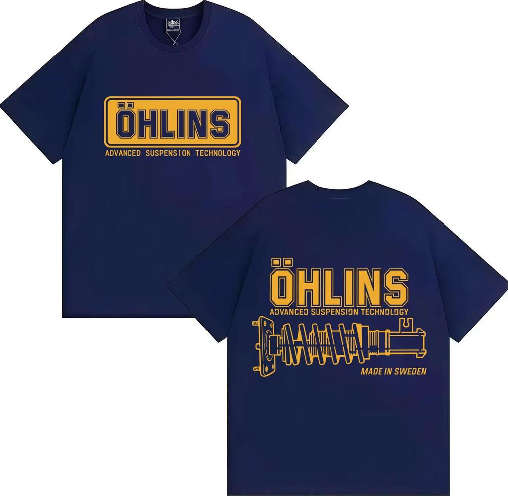 Summer New A Stylish And Fun Ohlins Motorcycle Shock Absorber Pattern Print Pure Cotton Loose Unisex
