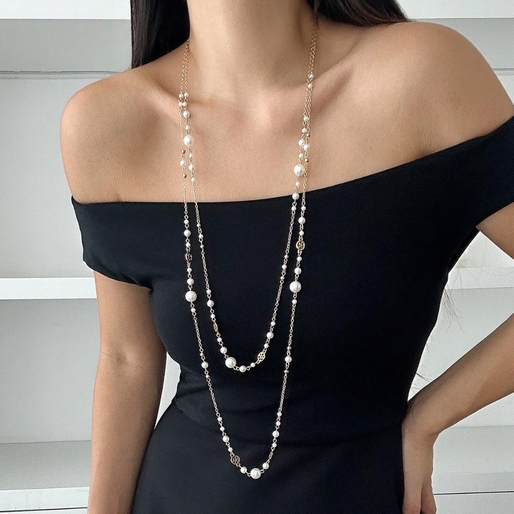 2Pcs/Set Long Chain Imitation Pearl Necklace Double Layers Sweater Chain Women Fashion