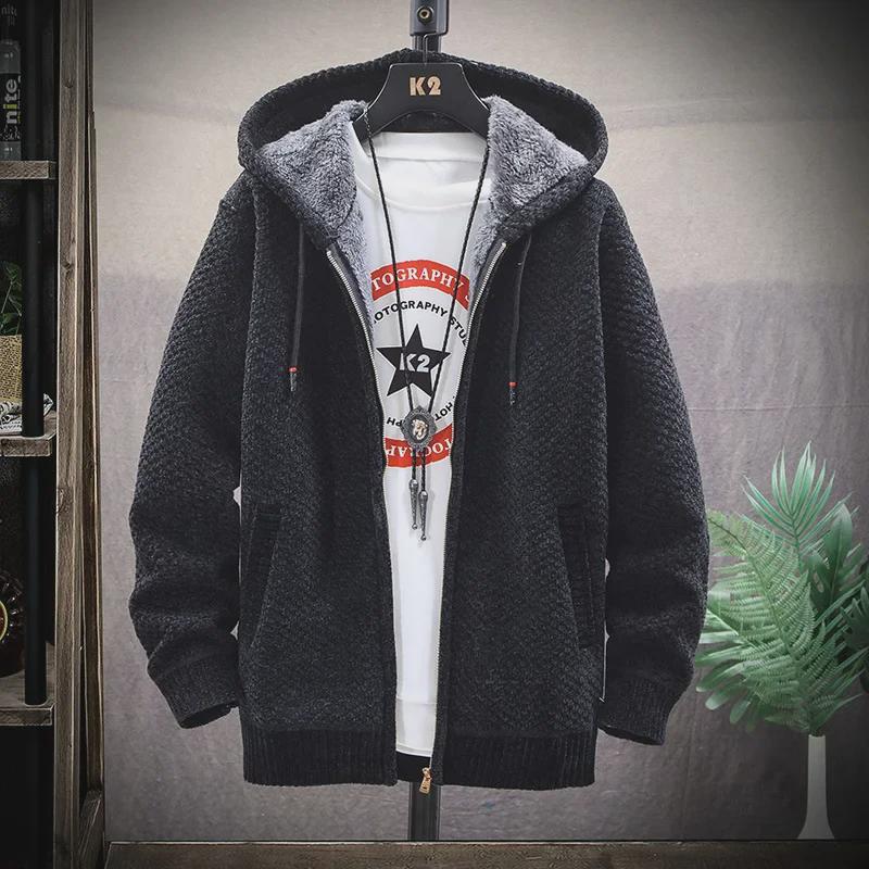 Мужская куртка из синели в корейском стиле с капюшоном — зимняя однотонная, повседневная, теплая, плюс бархат, кардиган на молнии.
