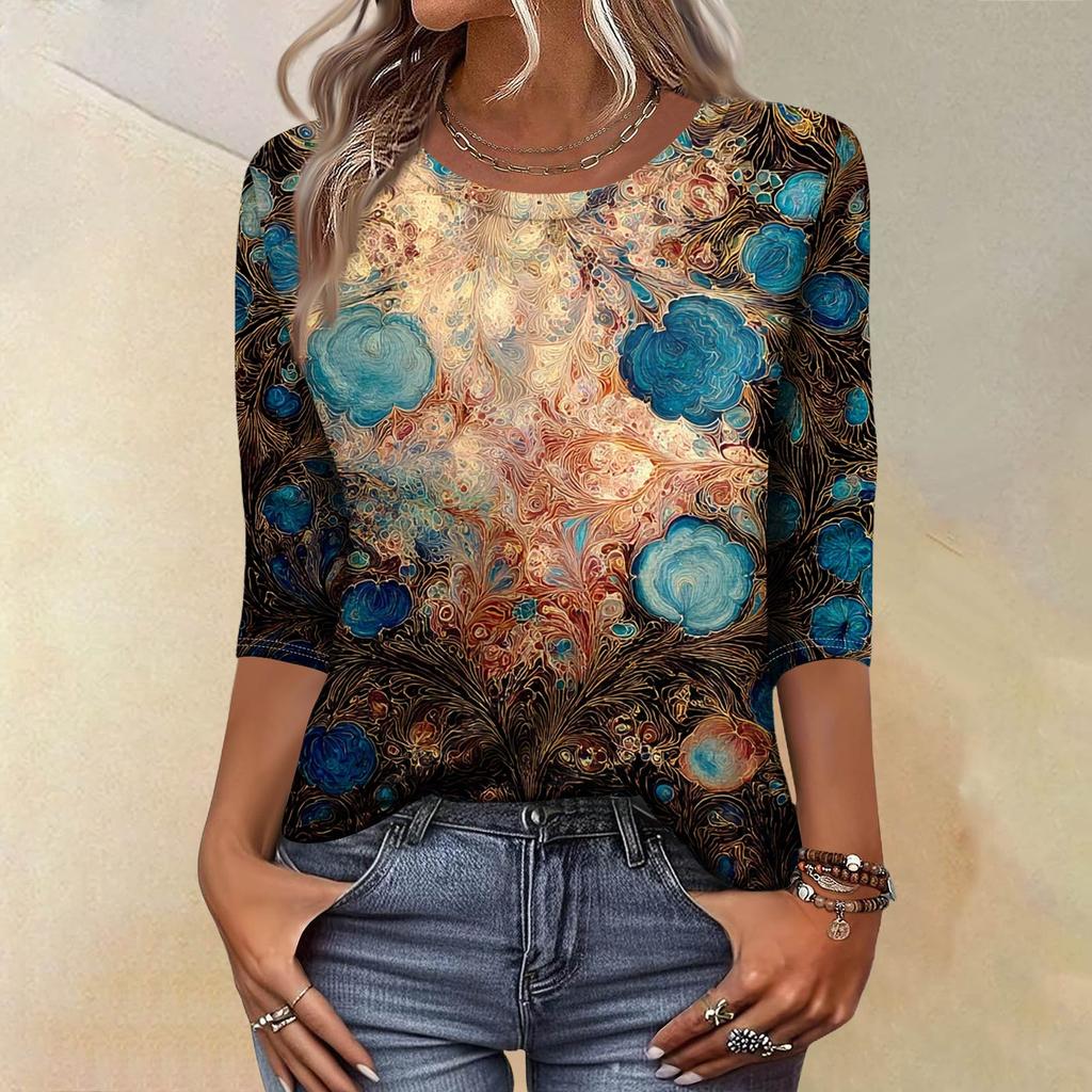 Trendy Vintage 3/4 Sleeve Top For Women,Ladies Casual Three Quarter Sleeve Round Collar Printed T-Shirt Blouse