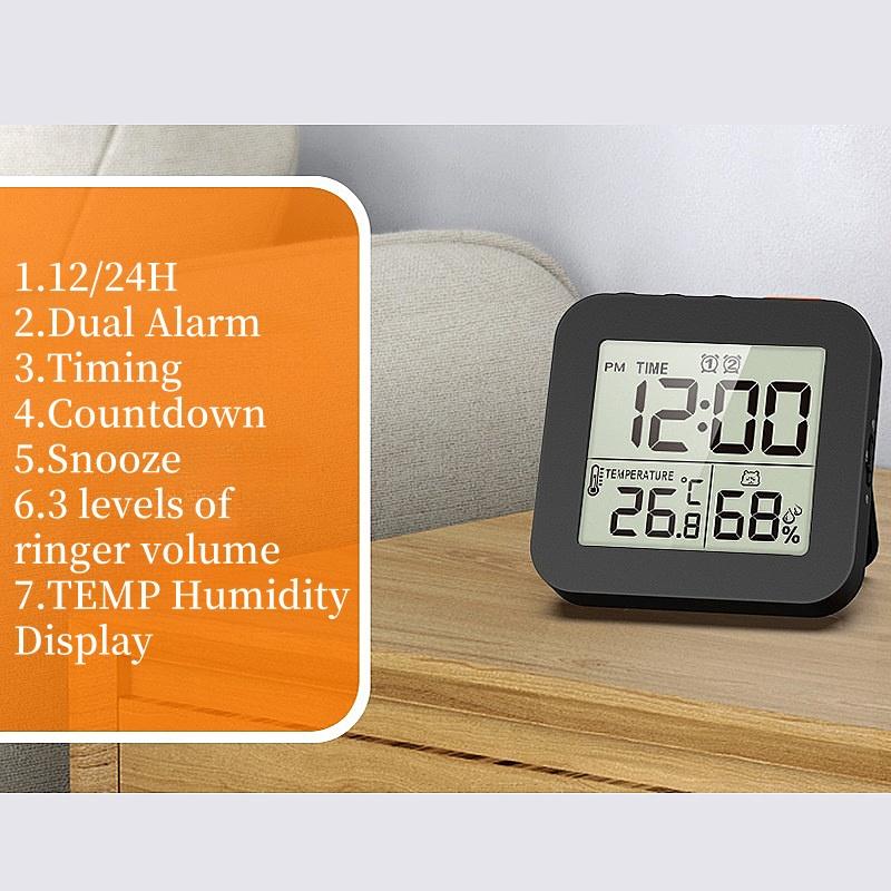 Мини-цифровой будильник с регулировкой температуры и влажности, двойной будильник с обратным отсчетом времени, подсветка, повтор сигнала, настольные часы с ЖК-дисплеем, питание от батареи, 12/24 часа