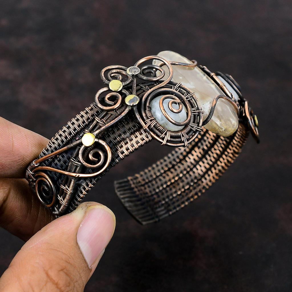 Plume Agate Gemstone Bangle Copper Wire Wrapped Cuff Bracelet Handmade Rainbow Moonstone Bangle Adjustable Cuff Bracelet Copper Wire Jewelry