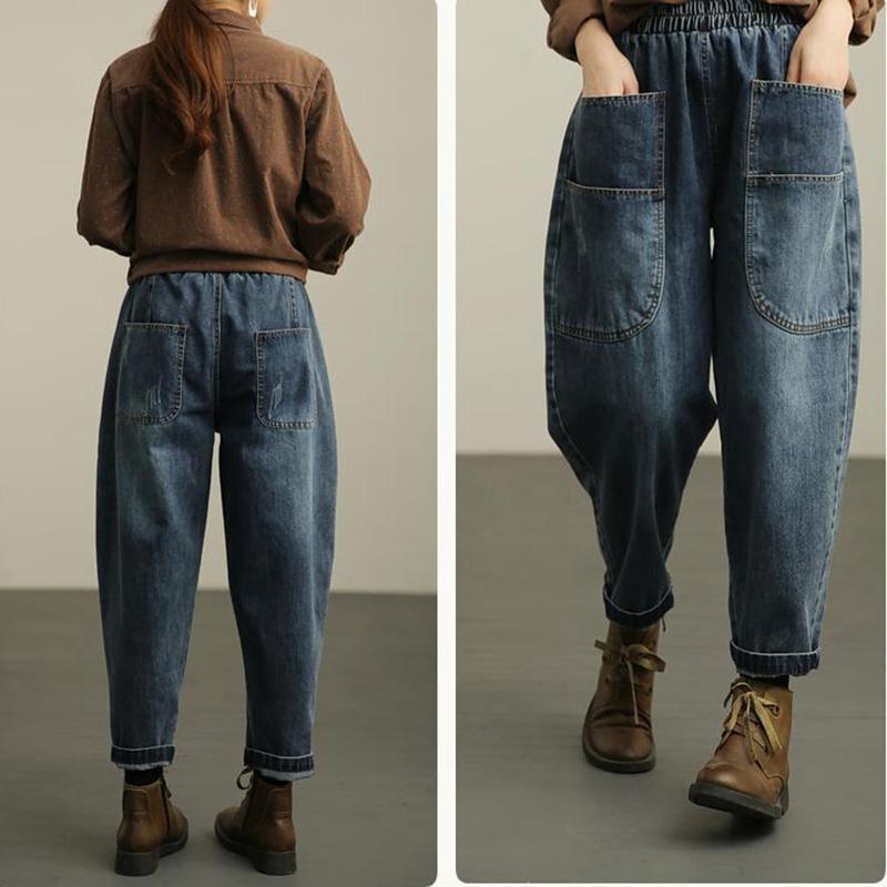 Ретро рваные брюки-шаровары с эластичной резинкой на талии, женские джинсы, свободные широкие брюки, прямые джинсовые брюки с большими карманами