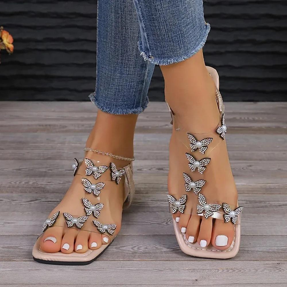 Женские сандалии-бабочки со стразами, новые летние модные легкие легкие тапочки большого размера, повседневная обувь для банкета, вечеринки, отдыха, пляжа