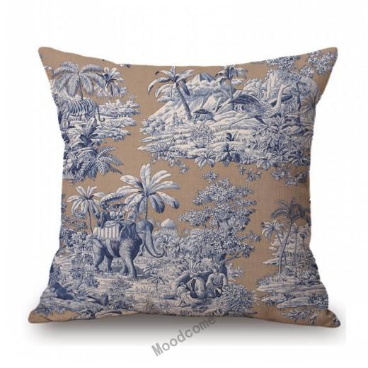 Navy Blue Delft Blue Toile De Jouy Pattern Design Royal Elegant Home Decorative Sofa Throw Pillowcase Cotton Linen Cushion Cover
