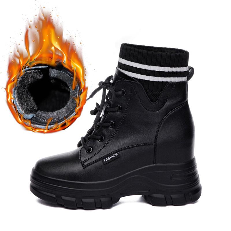 2025 Зимняя обувь Женские ботильоны Натуральная кожа Высокие каблуки Теплый плюш Женские Увеличивающие рост 9см Черный Бежевый