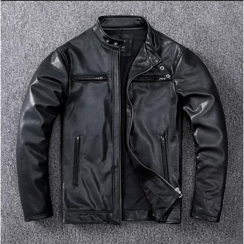 Повседневная мужская куртка из овчины, куртка из натуральной кожи, короткая, со стойкой, приталенная, вощеная кожа