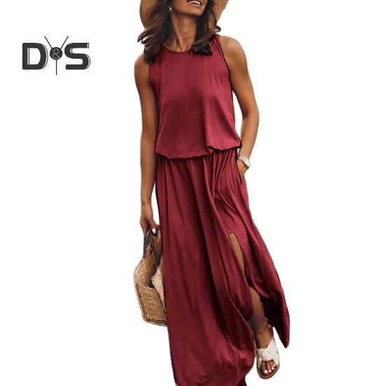 Женское летнее платье с плиссировкой, круглым вырезом, без рукавов, однотонное, свободное, с разрезом, макси-платье, повседневная одежда для свиданий, вечеринок, длинное платье