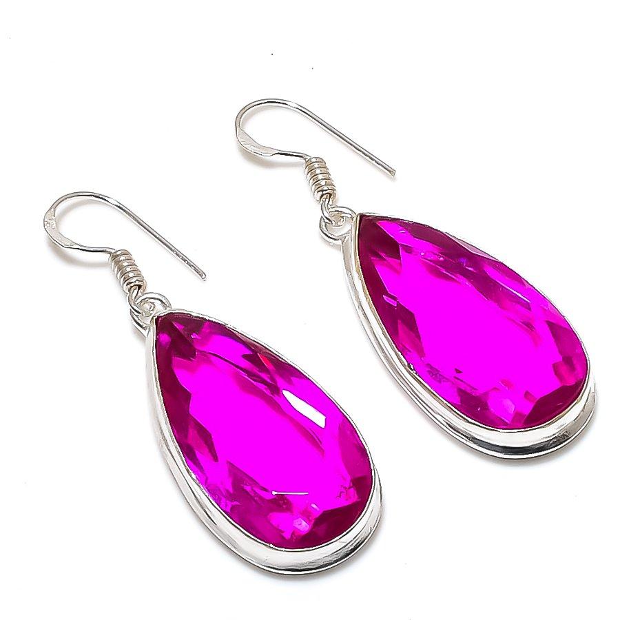 Розовый рубиллит драгоценный камень ручной работы 925 стерлинговое серебро ювелирное изделие серьга 1,97" d3G74