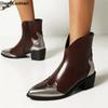 Осень/Зима Новые Ботильоны с Острым Носком и Массивным Каблуком для Женщин Элегантные Современные Казаки Ботинки Челси Черный Зеленый Красный
