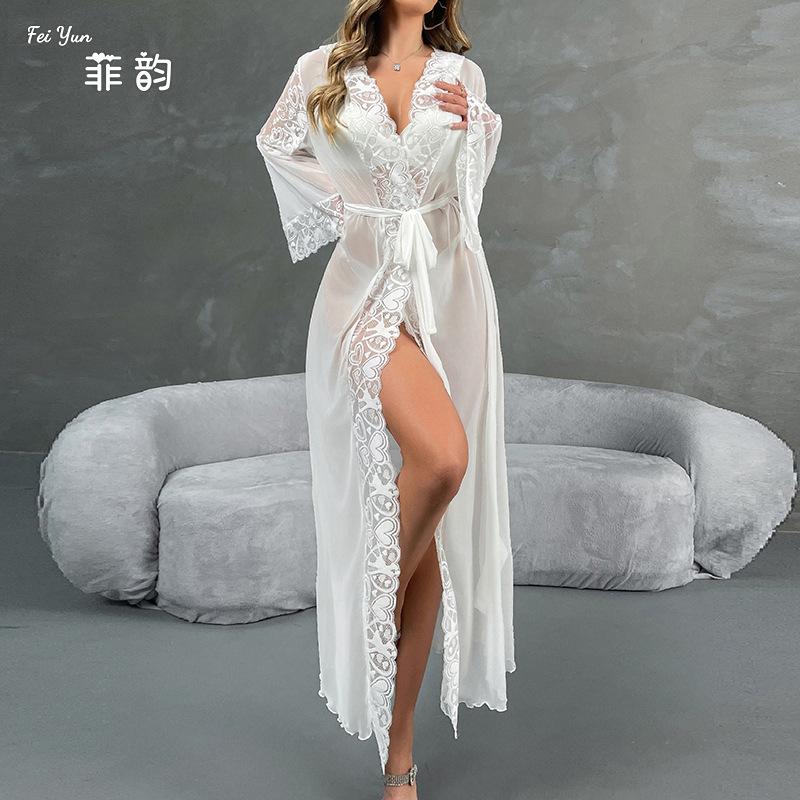 New Sexy Mesh Hooded Bathrobe Lace Lace Robe Belt