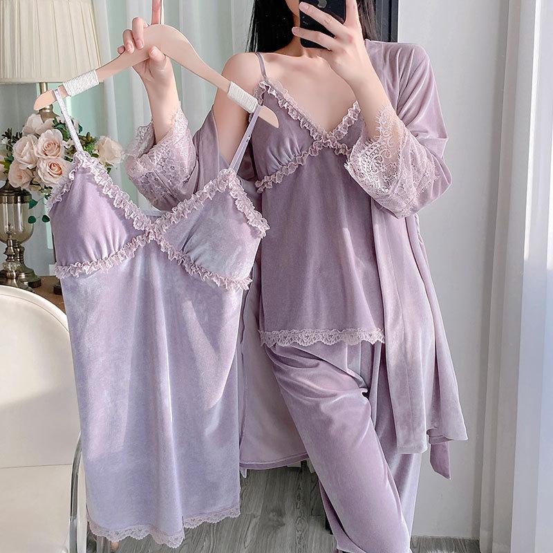 Golden Velvet Women's Winter Pajama Set: Korean Style with Lace, Chest Pads, Camisole & Long Pants - Girlish & Sweet Four-Piece Ensemble
