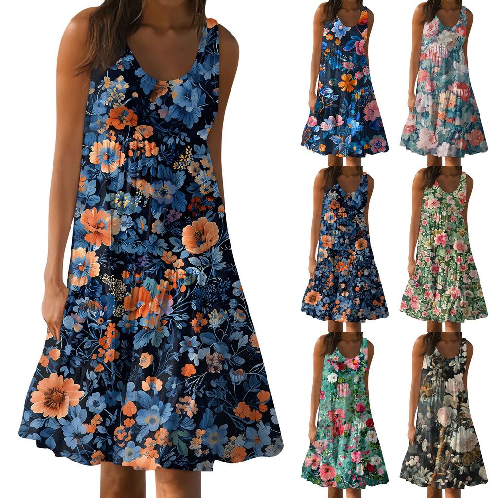 Hawaiian Dress For Women Summer Spring Pleated Bohemian Dresses Cute Sleeveless Flowing Beach Straight  Tank Dresses Round Neck Dresses