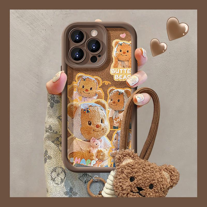 Милый шнурок с мишкой-маслом, подходит для Apple 13PRO Maillard, чехол для мобильного телефона 14, силиконовый противоударный 15, овечья кожа X