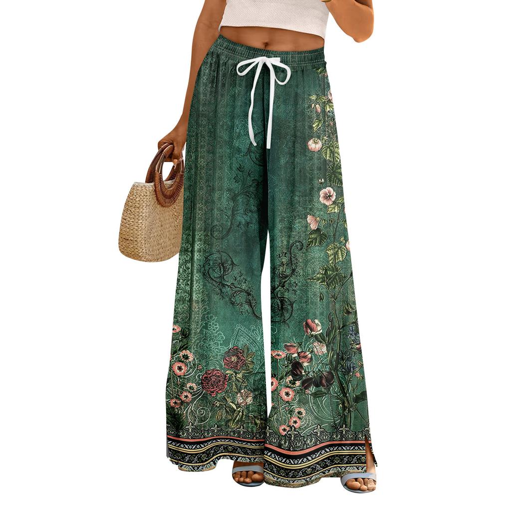Women Summer Boho Palazzo Pants High Waist Wide Leg Floral Printing Casual Trousers With Pockets