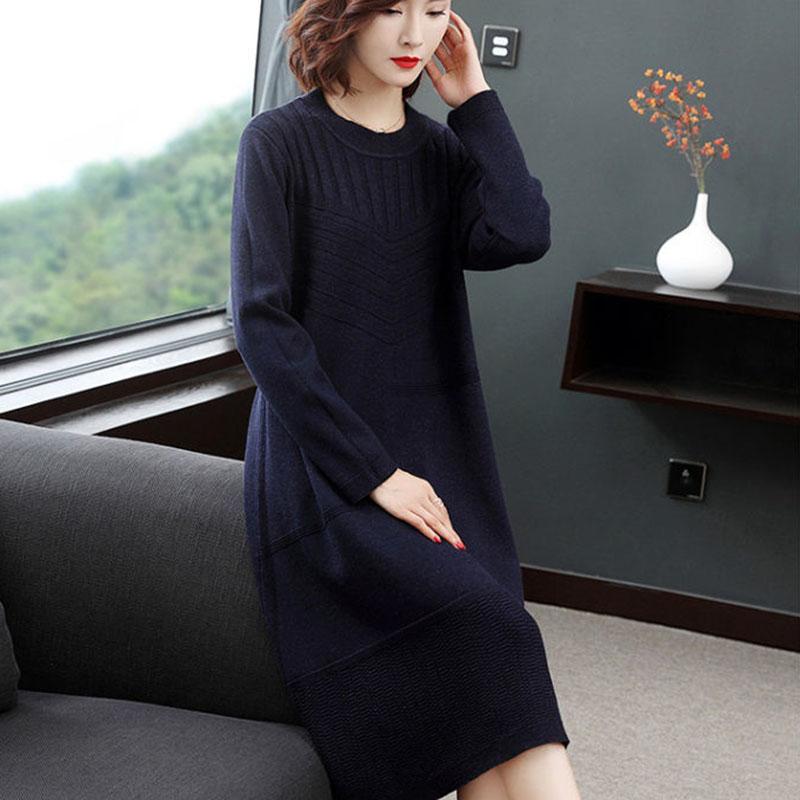 Large Size Knitted Dress In The Long Section Was Thin Temperament Base Dress Pure Color Simple Middle-aged Women Sweater Dress