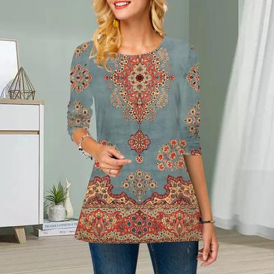 Плюс Размер Женский Цветочный Классический Тотемный Принт Круглый Вырез Повседневный Свободный Топ С Длинным Рукавом