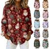 Women's Christmas Printed Button Up Long Sleeved Casual Regular Shirt With Collar Top
