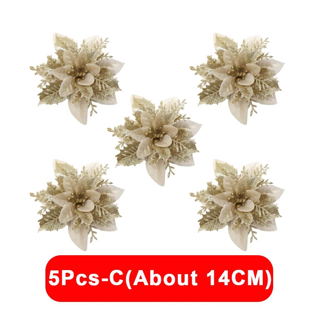 5/1Pcs Christmas Glitter Artificial Flowers DIY Christmas Tree Hanging Ornaments Fake Flower For Xmas New Year Party Decor Gifts