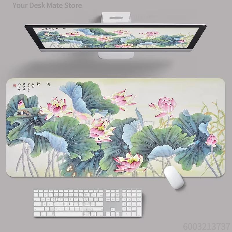 Traditional Chinese Lotus Art Desk Mat Waterproof Nonslip Extended Pad
