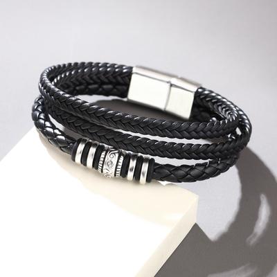 JMXD Плетеный многослойный браслет из ПУ кожи с лазерными металлическими кольцами, магнитная застежка, модное эффектное украшение, прочный стильный аксессуар