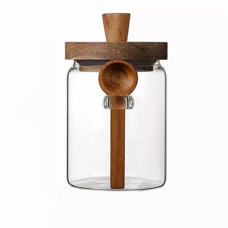 Kitchen Glass Jar Grains Coffee Beans Tealeaf Storage Containers with Wood Spoon Lid Clear Spice Jar Moisture-proof Storage Tank