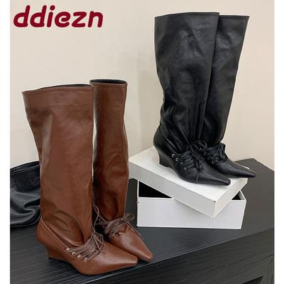 Модная обувь на танкетке женские ботфорты женские туфли-слипоны модные с острым носком для вечеринок женские длинные современные ботинки туфли