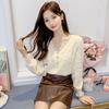 Elegant Sexy Button Lace Feather Solid T-shirt Spring Autumn Long Lantern Sleeve V-Neck Slim Pullover Tops Women's Clothing
