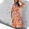 Women Floral Print Bohemian Long Dress Loose V-Neck Fashion Summer Beach Dress