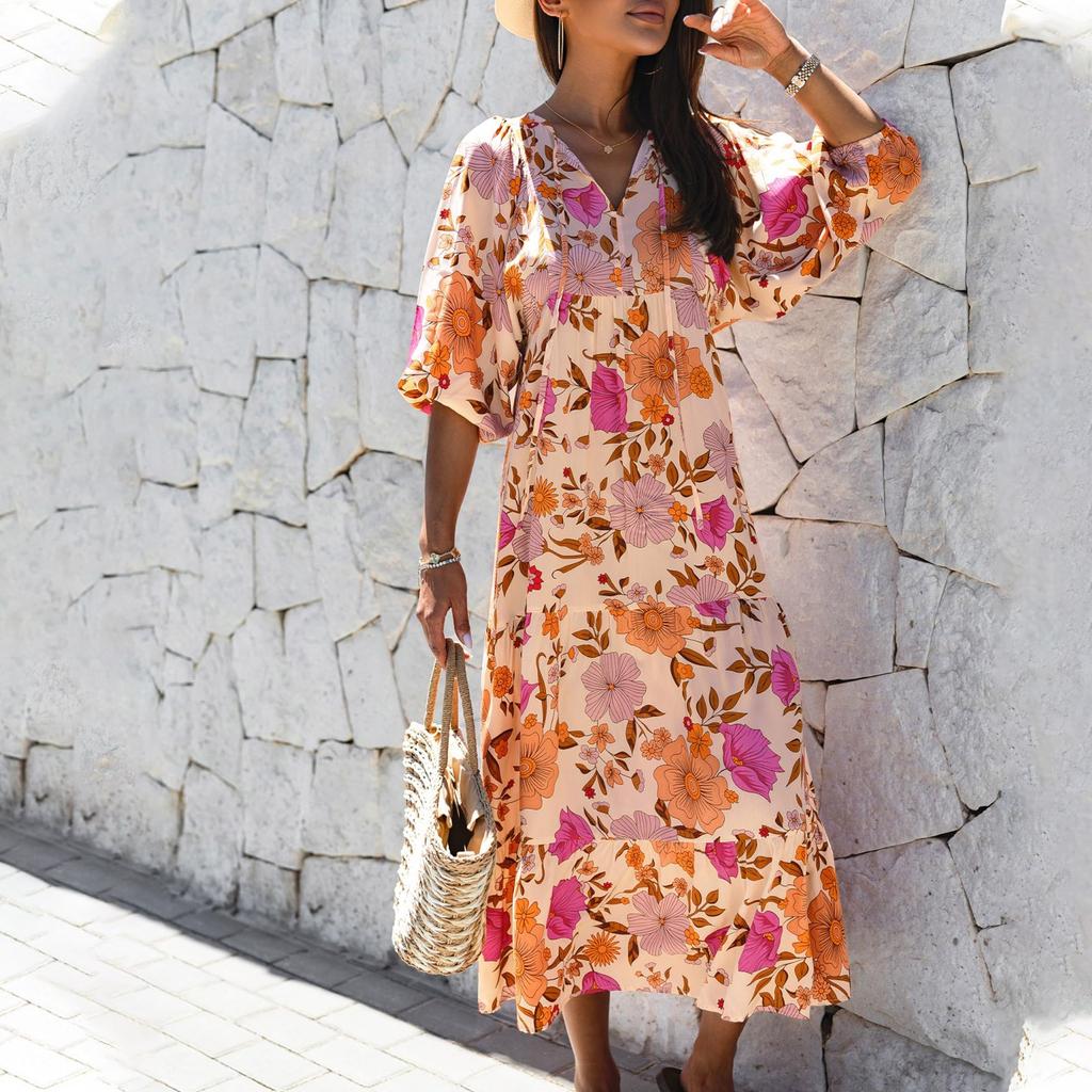 Women Floral Print Bohemian Long Dress Loose V-Neck Fashion Summer Beach Dress