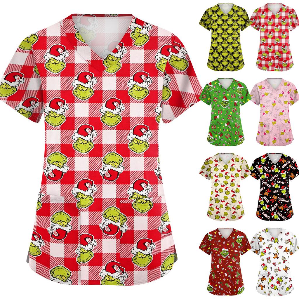 Женская рабочая рубашка с V-образным вырезом, короткими рукавами, карманами и боковыми разрезами, рождественский принт