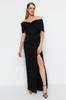 Women's Fashion Black Lined Woven Long Evening Dress