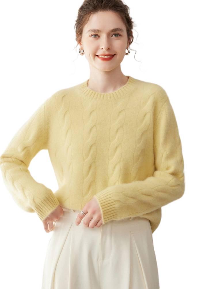 Women's Three-Ply Cashmere Cable Knit Drop Shoulder Sweater: Autumn/Winter Casual Loose Pullover