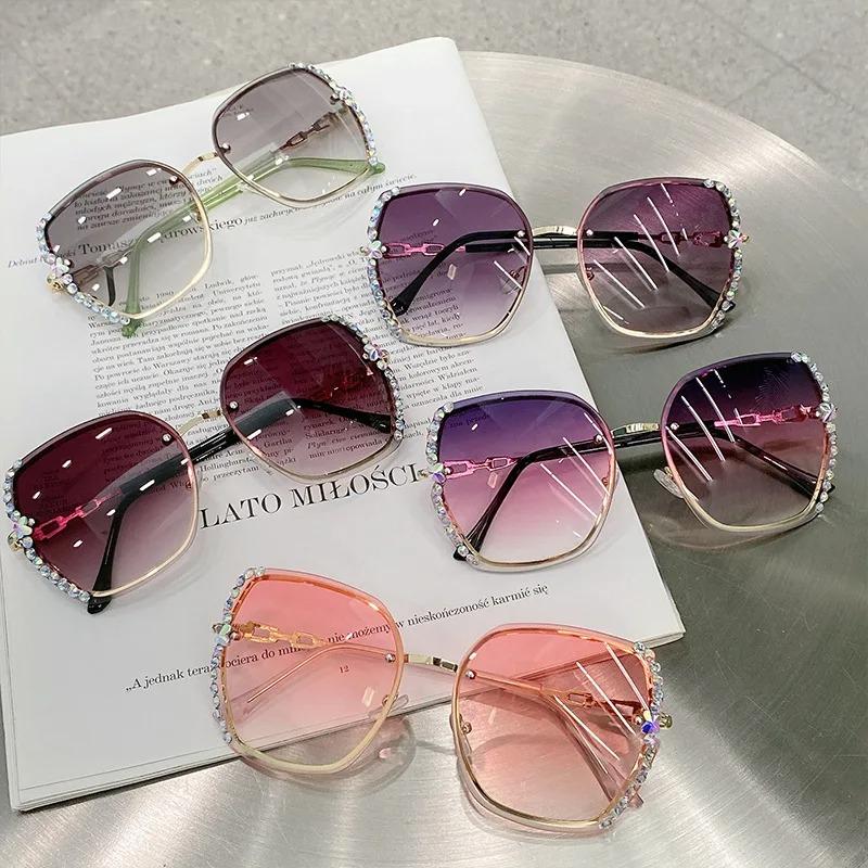 New Rimless Rhinestone Sunglasses Fashion Brand Designer Sunglasses Trendy Retro Cutting Lens Gradient Sun Glasses