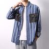 Spring Autumn Long-sleeved Denim Shirts Men Stitching Striped Overcoats Male Loose Pockets Casual Shirt